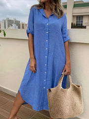 Maxi Shirt Dress Roll Up Sleeve Button Up Collar