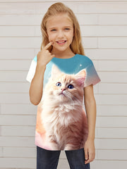 Casual Cat Graphic Short Sleeve T-shirt for Girls Summer Gift