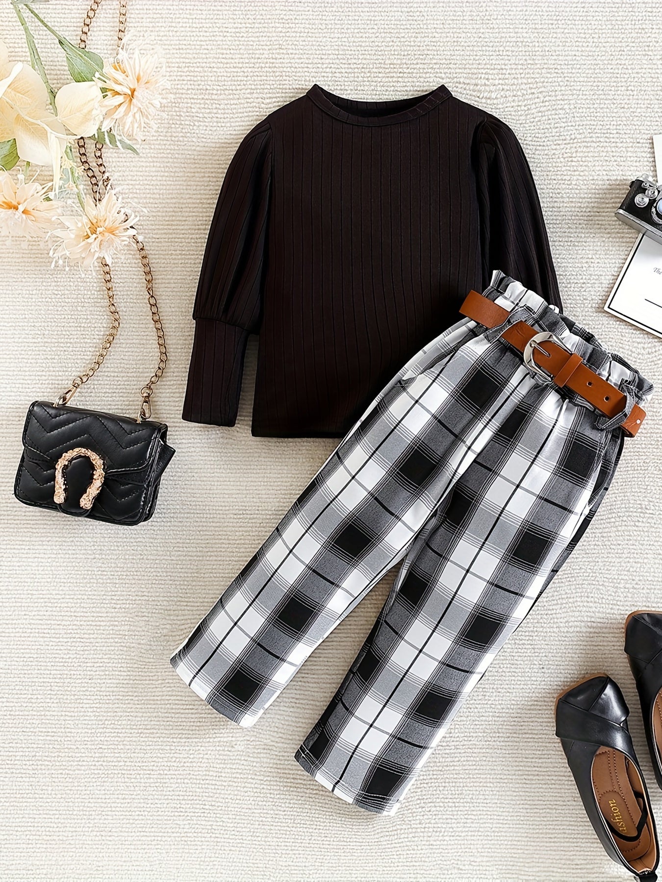 Girl's 2pcs Plaid Print Top & Belted Pants Set