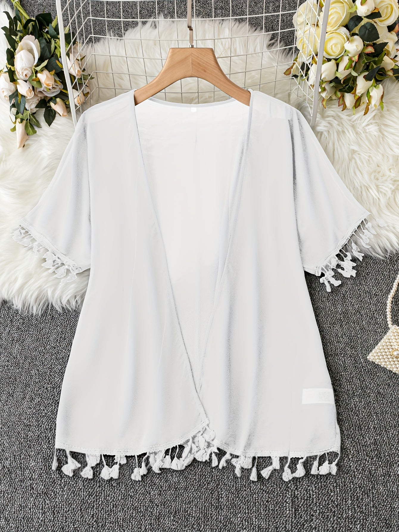 Casual Kimono Solid Short Sleeve Open Front Tassel Trim L