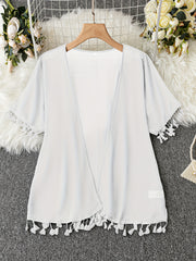 Casual Kimono Solid Short Sleeve Open Front Tassel Trim L