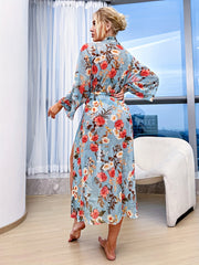 Floral Mesh Night Robe V Neck Long Sleeve Belted Sexy Lingerie