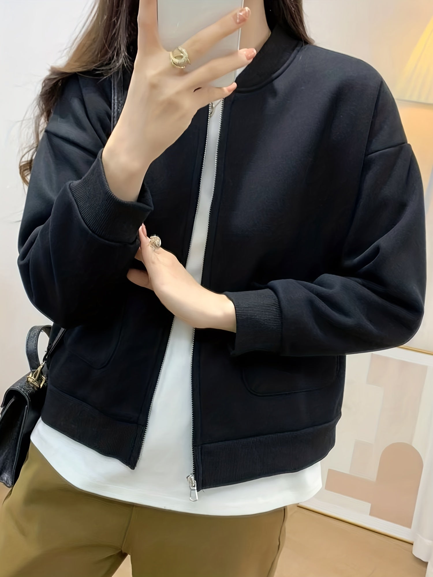 Baseball Neck Solid Jacket Casual Zipper Long Sleeve Outerwear