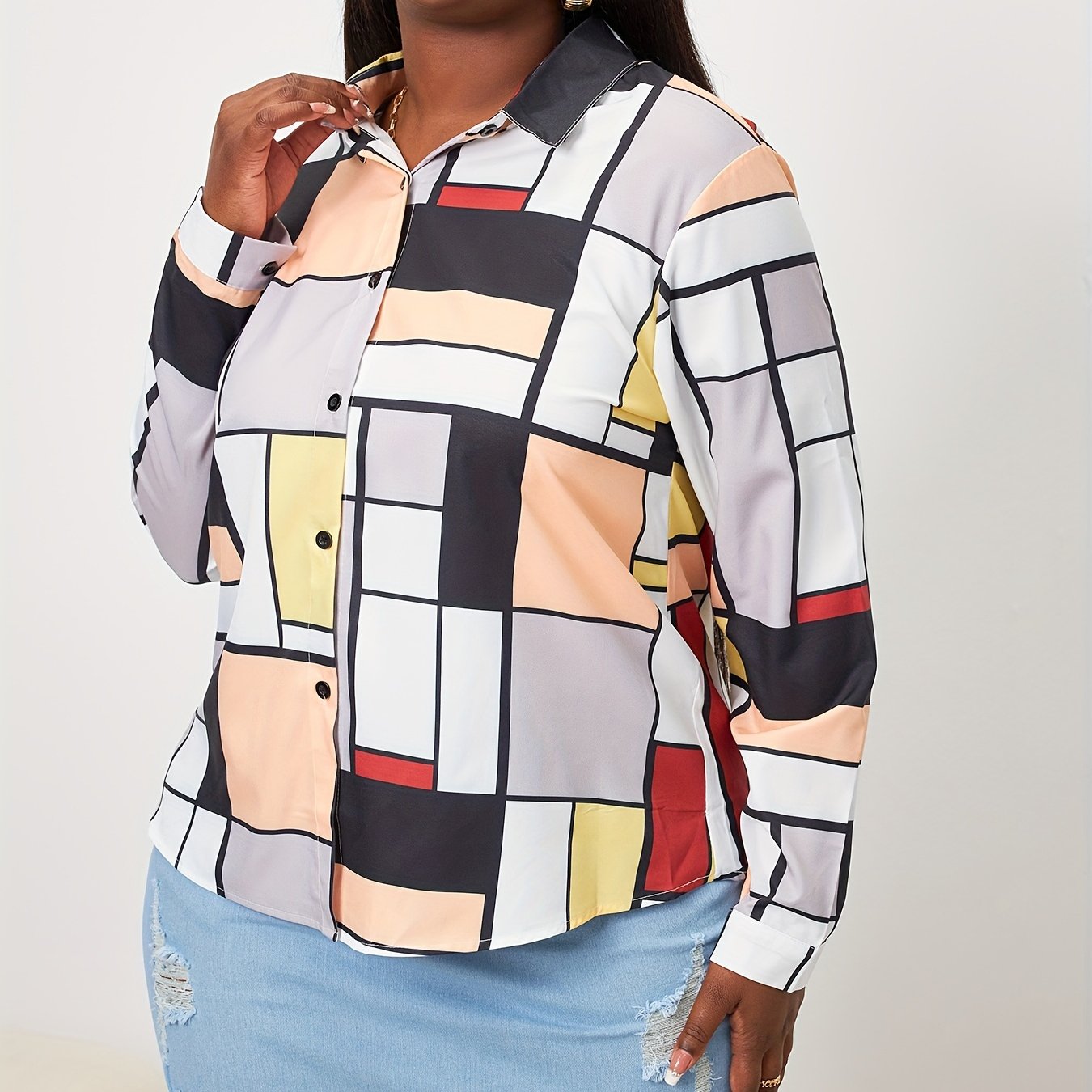 Colorblock Geometric Print Blouse Long Sleeve
