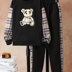 Plaid Bear Boy's 2pcs Sweatshirt & Sweatpants Set Street Style Outfits