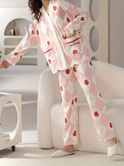 Fruit Print Pajama Set Long Sleeve V Neck Buttons Top & Argyle Pants
