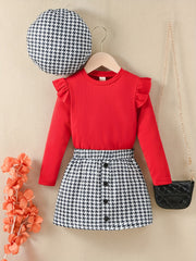 Girl's 3pcs Ribbed Top & Beret Hat & Houndstooth Skirt Set