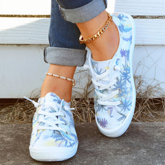 Coconut Tree Printed Canvas Lace Up Sneakers Lightweight Walking Shoes