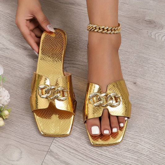 Women's Metallic Chain Decor Sandals Square Toe Slip On Non-slip Slides Shoes