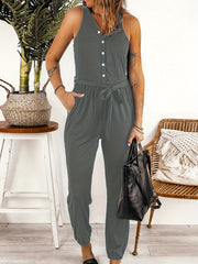 Button Up V Neck Belted Jumpsuit