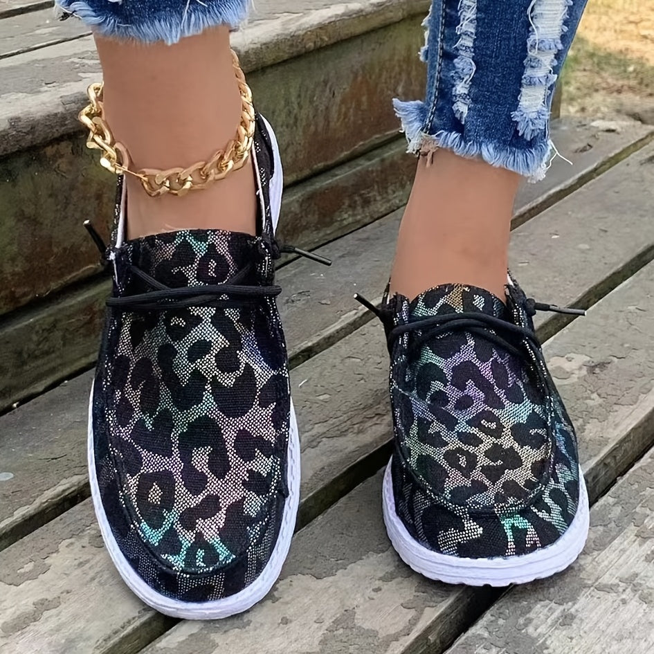 Leopard Print Canvas Lace-Up Flat Shoes Lightweight Slip-On