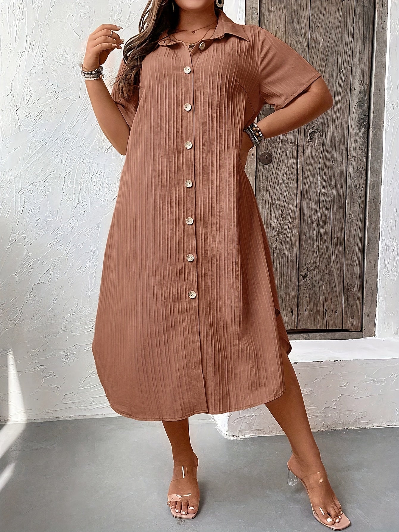 Women's Solid Textured Button Up Shirt Dress