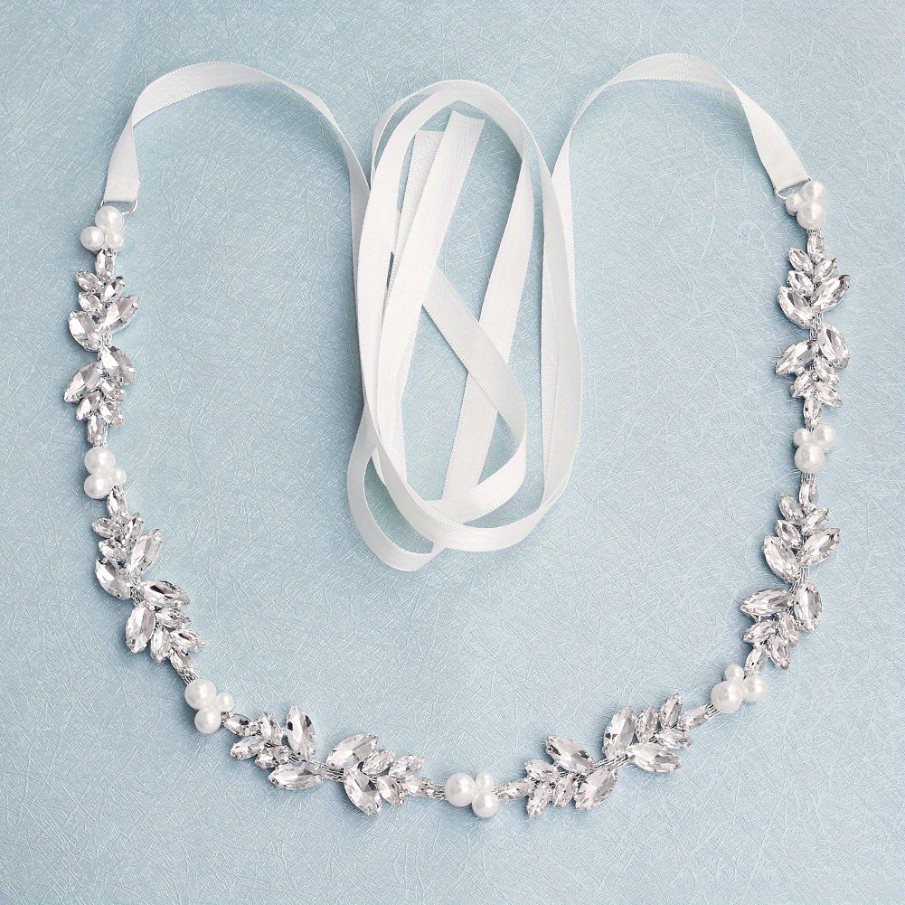 Bridal Pearl Waist Chain Belt with Rhinestone Floral and Faux Pearls