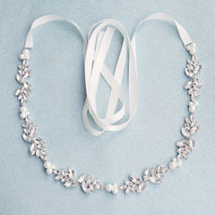 Bridal Pearl Waist Chain Belt with Rhinestone Floral and Faux Pearls
