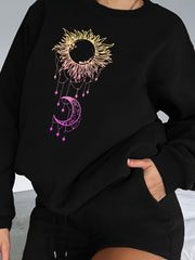 Women's Plus Moon & Sun Print Fleece Liner Sweatshirt & Shorts Outfit Set