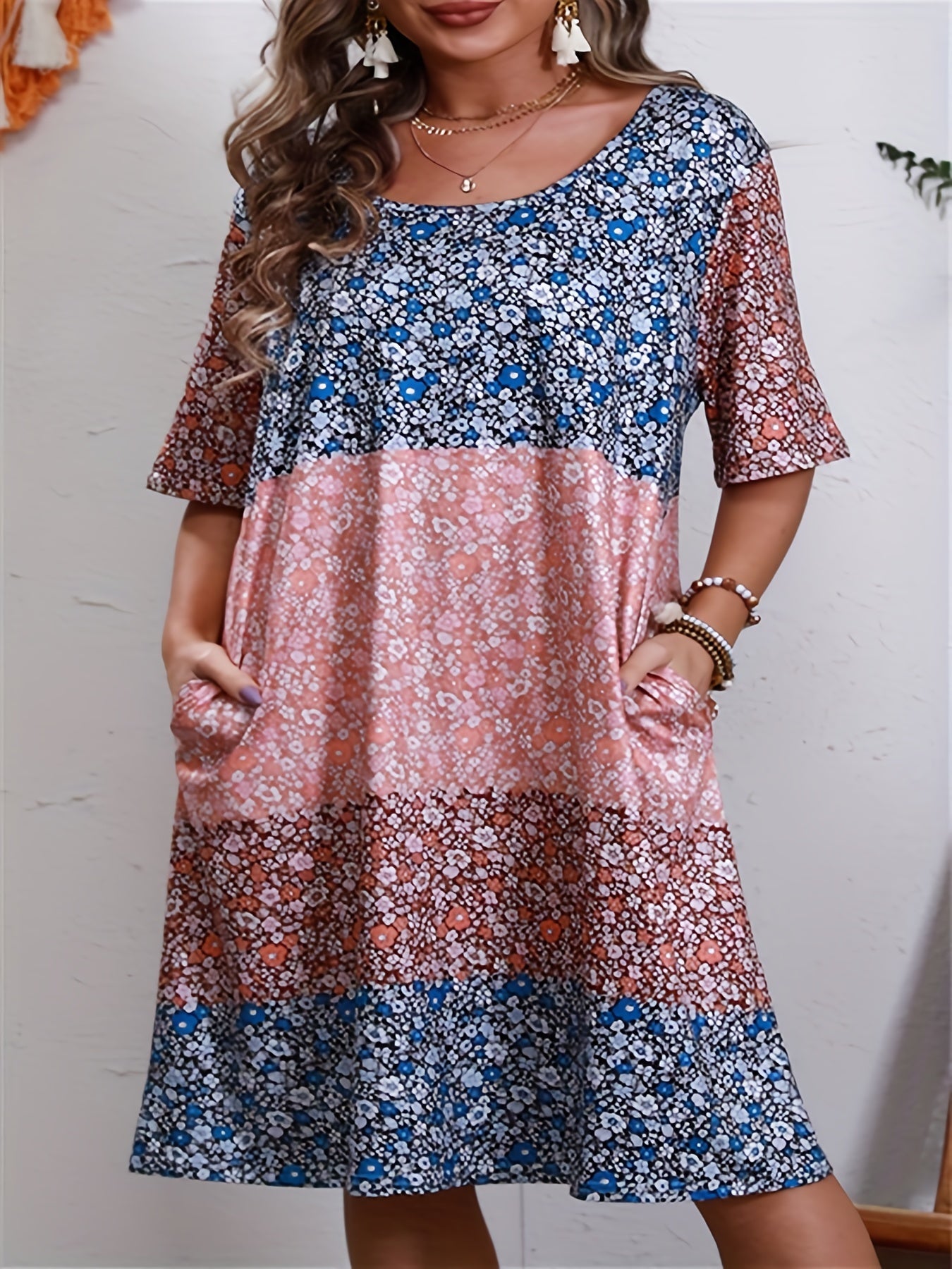 Colorblock Floral Print Short Sleeve Tee Dress With Pockets