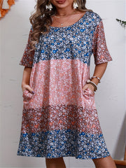 Colorblock Floral Print Short Sleeve Tee Dress With Pockets