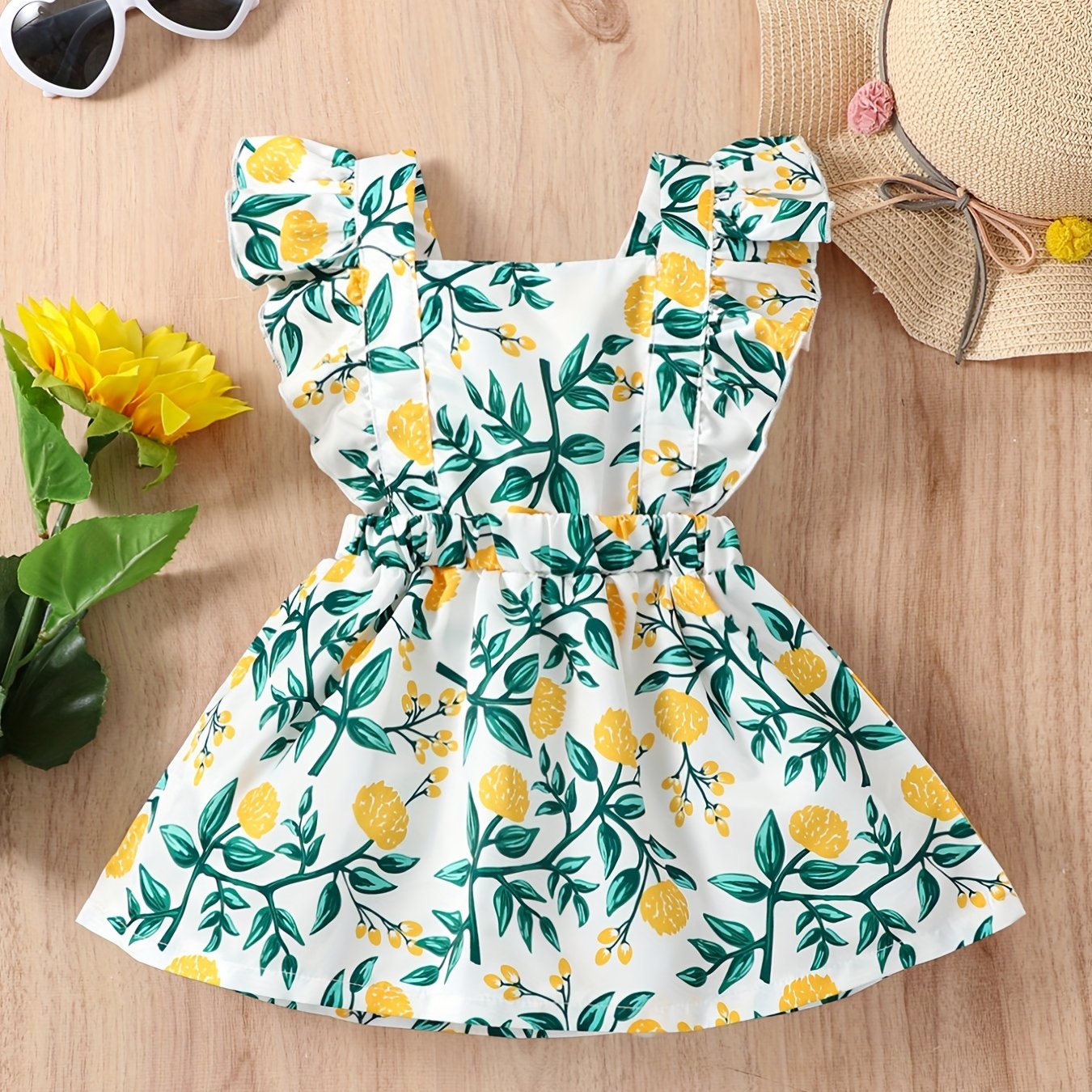 Baby Girls Casual Yellow Flower Print Sleeveless Dress For Summer