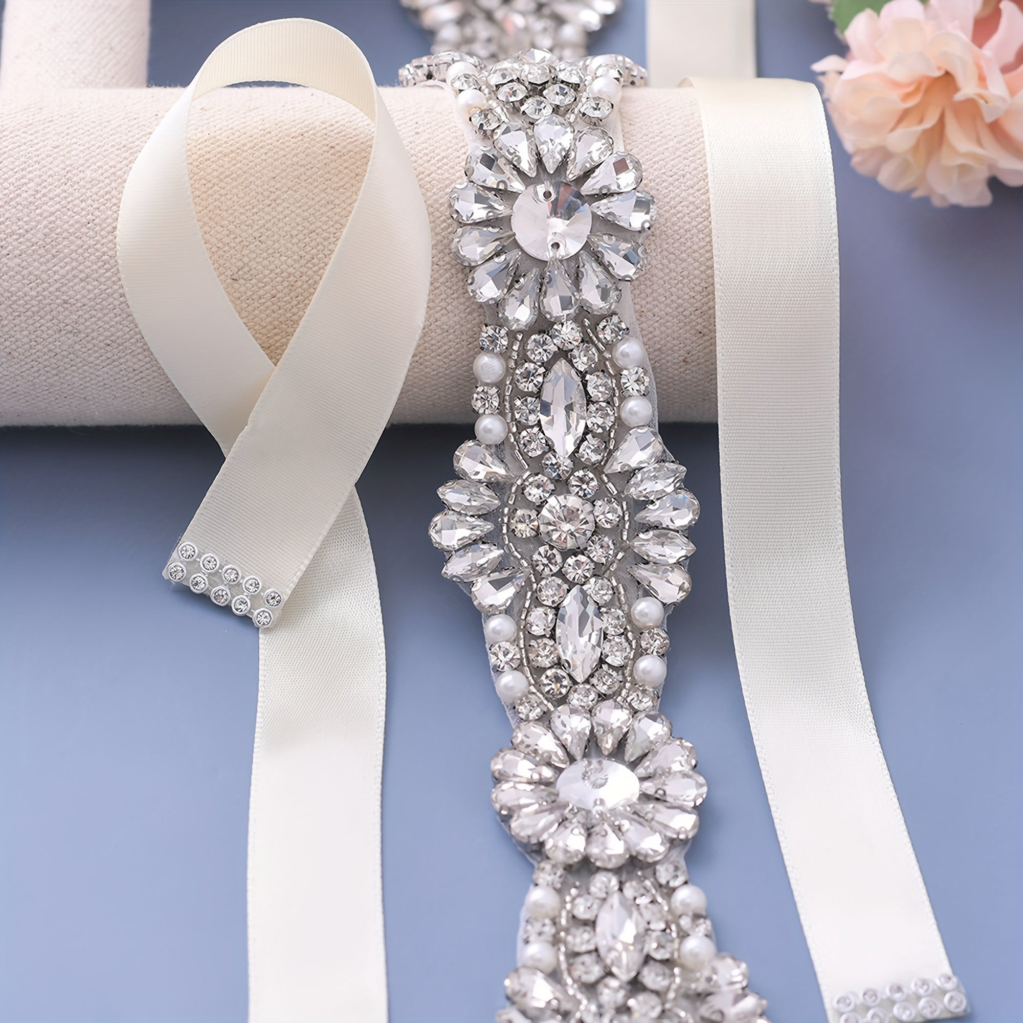 Beaded Flower Rhinestone Decor Waistband Sash Belt Bridal Accessory