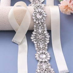 Beaded Flower Rhinestone Decor Waistband Sash Belt Bridal Accessory