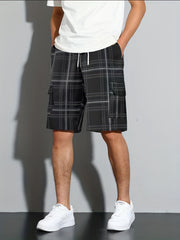 Plaid Drawstring Cargo Shorts with Pockets for Men