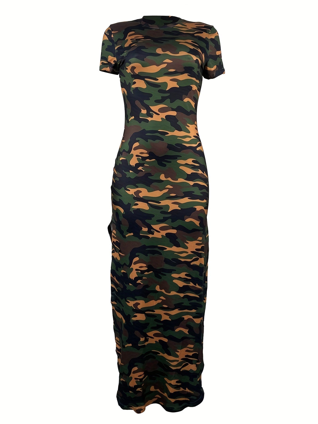Camo Print Side Split Dress Short Sleeve Casual Dress Spring Summer