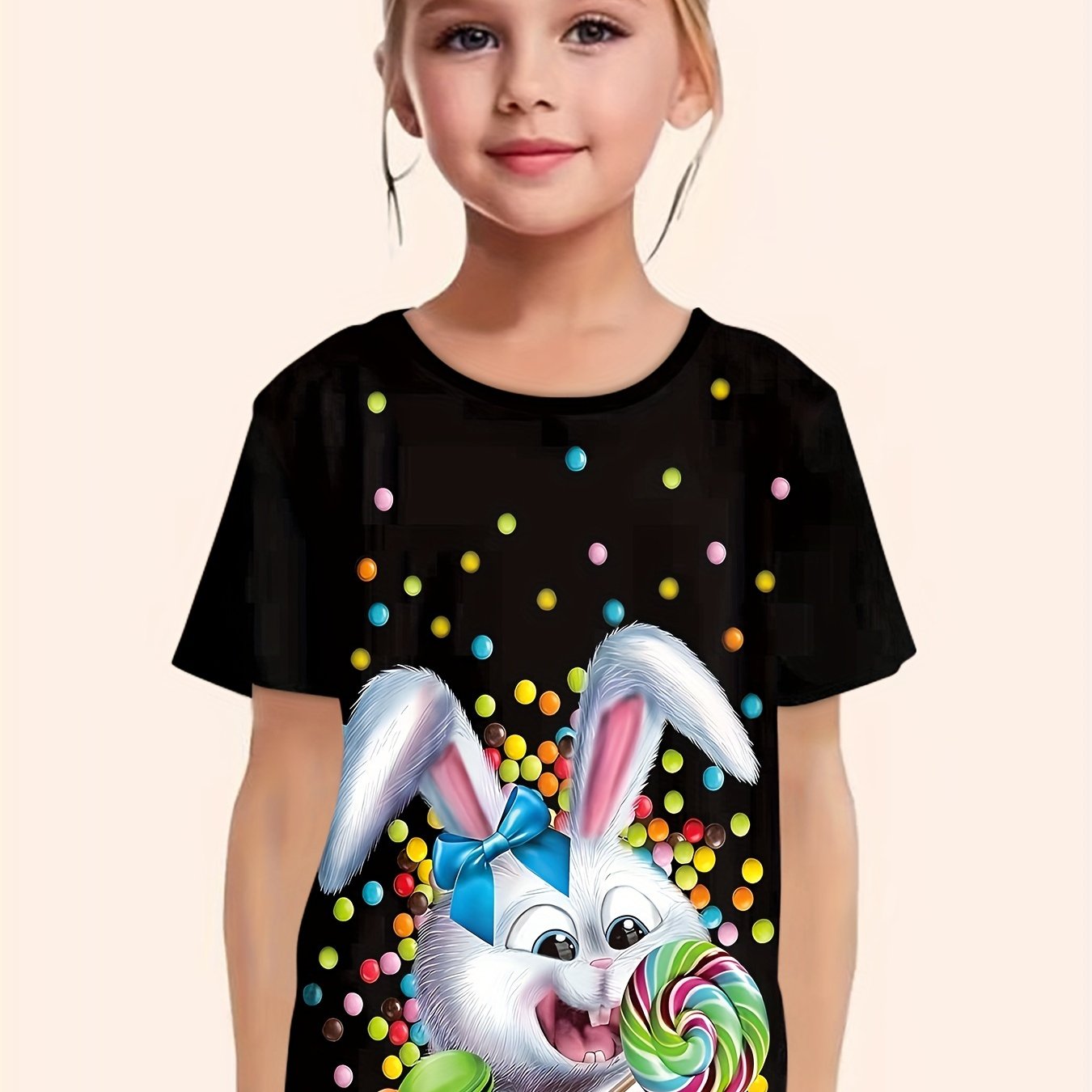 Bunny Graphic Short Sleeve T-shirt for Girls - Easter Summer Clothes