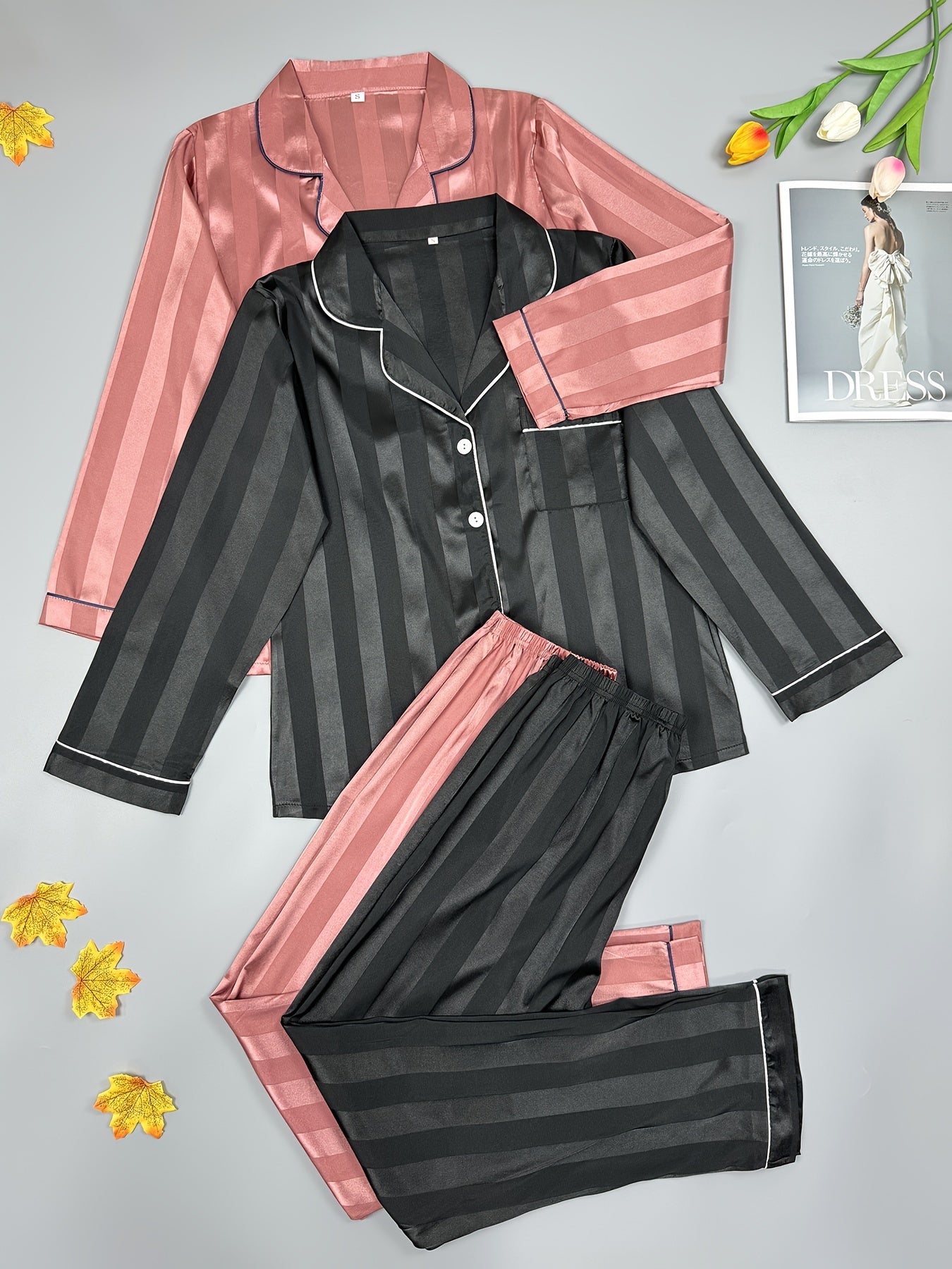 Striped Satin Pajama Set Long Sleeve Top & Pants Women's Sleepwear
