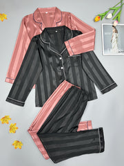 Striped Satin Pajama Set Long Sleeve Top & Pants Women's Sleepwear