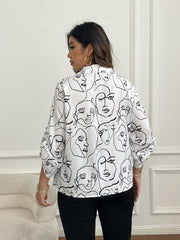 Abstract Face Print Roll Up Long Sleeve Button Up Shirt