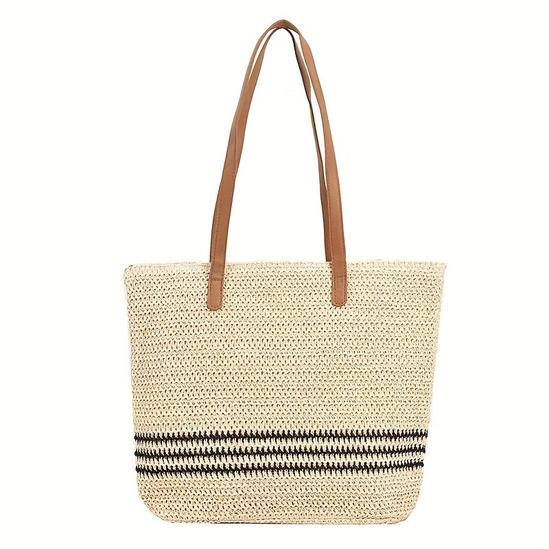 Woven Striped Tote Bag Summer Beach Shoulder Large Handbag Travel Vacation