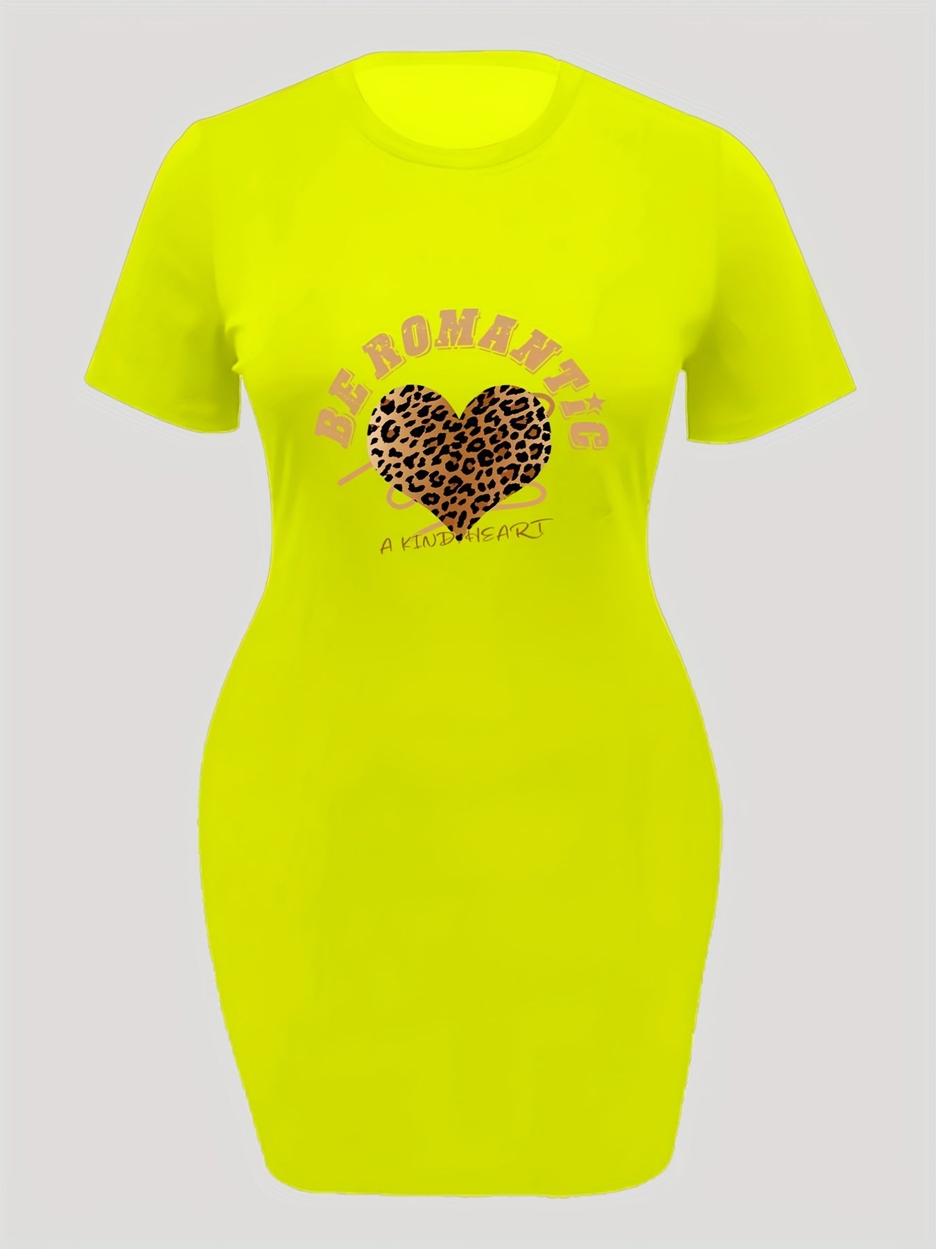Leopard Heart & Slogan Print Dress Short Sleeve Round Neck