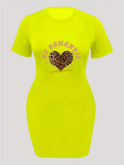 Leopard Heart & Slogan Print Dress Short Sleeve Round Neck