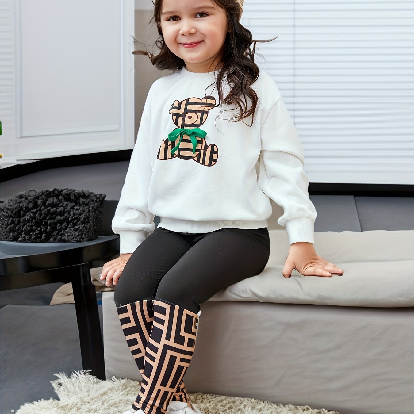 Girl's Geometric Bear Outfit 2pcs Set Spring Fall