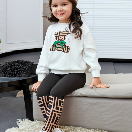 Girl's Geometric Bear Outfit 2pcs Set Spring Fall