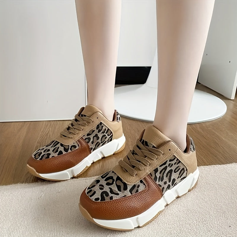 Leopard Print Wedge Lace Up Walking Shoes Non Slip Sneakers