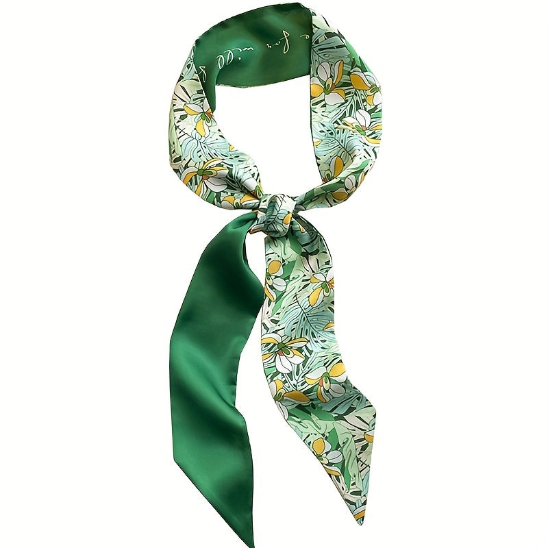 Green Floral Print Skinny Scarf Silk Ribbon Necktie Neckerchief