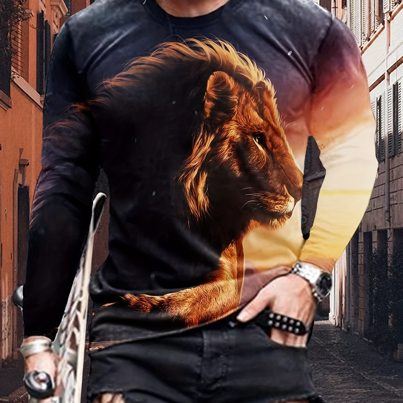 Lion 3d Print Men's Long Sleeve T-shirt Vintage Tees For Autumn