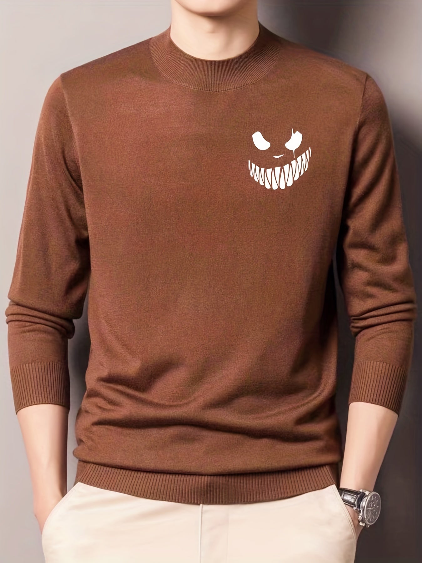 Men's Knitted Sweater Monster Face Pattern Warm Crew Neck Pullover