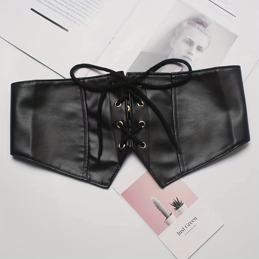 Punk Wide Waist Cinch Belt Bowknot Lace Up Elastic PU Corset Belt