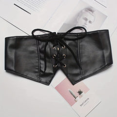 Punk Wide Waist Cinch Belt Bowknot Lace Up Elastic PU Corset Belt