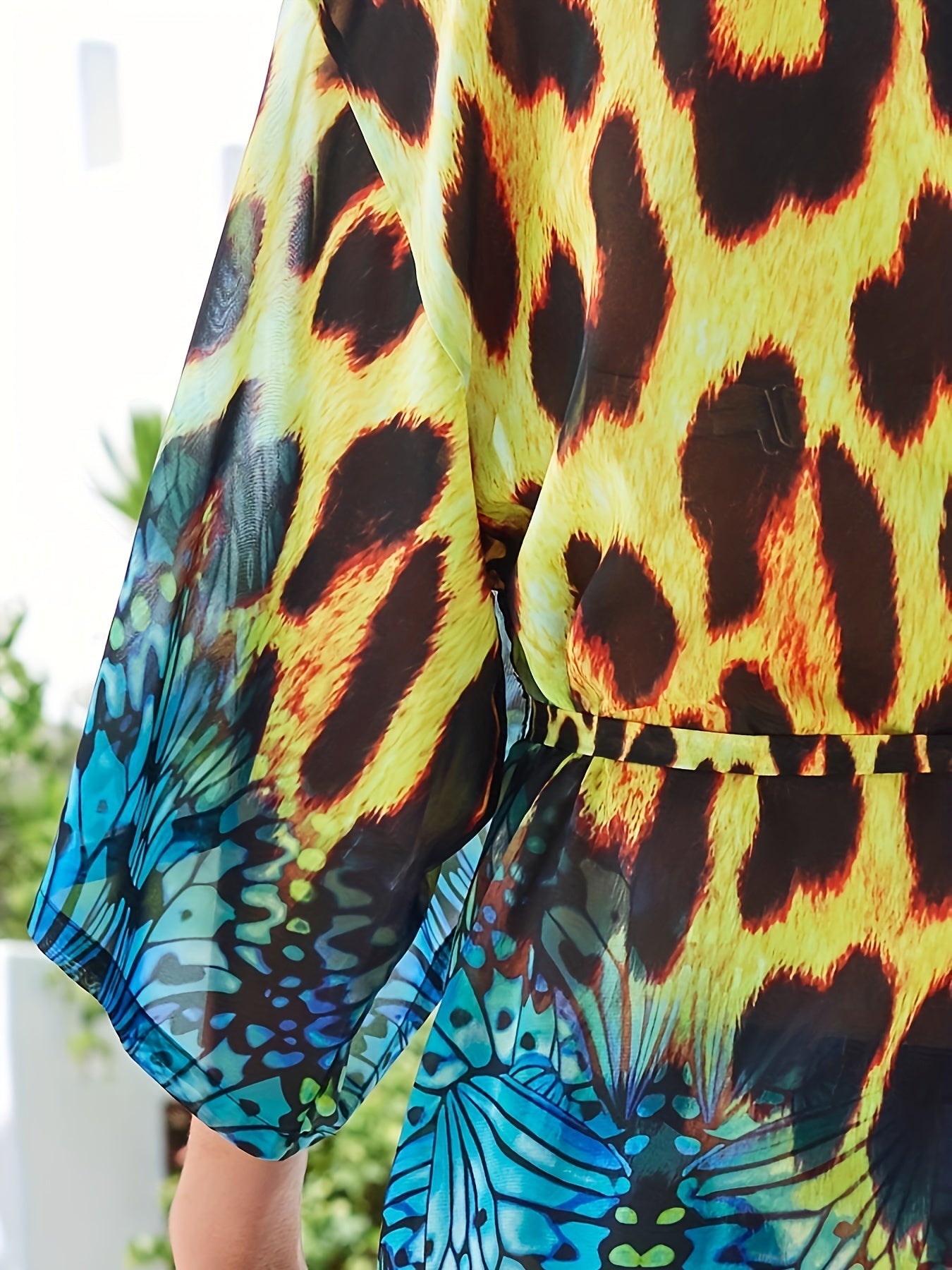 Leopard Butterfly Print Cover Up Dress V Neck Chiffon Beach Kaftan