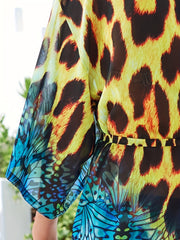 Leopard Butterfly Print Cover Up Dress V Neck Chiffon Beach Kaftan