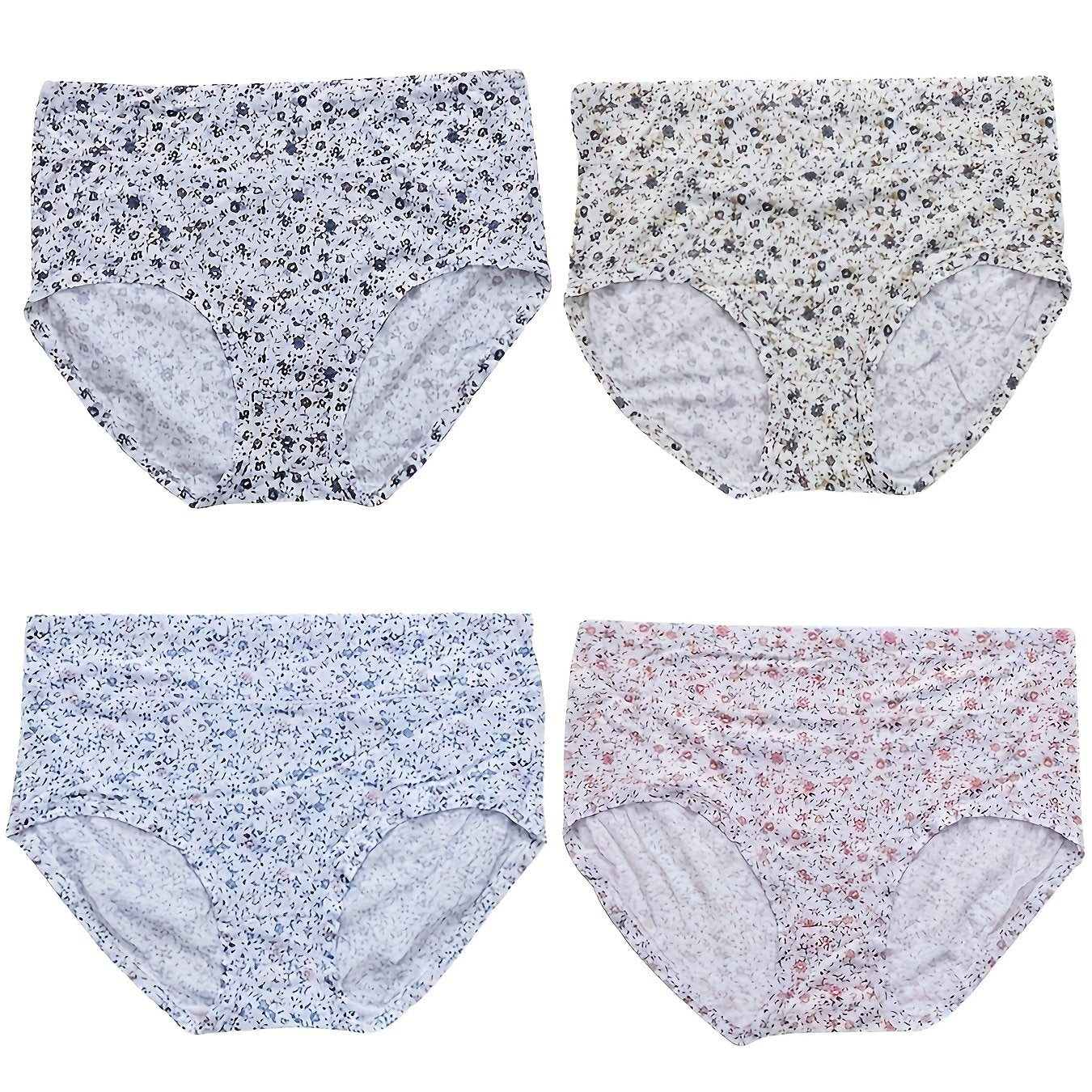 4 Pack Plus Size Panties Set Women's Plus Ditsy Floral Print High Waist