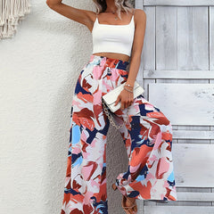 Abstract Print Wide Leg Pants Elastic Waist Vacation Pants