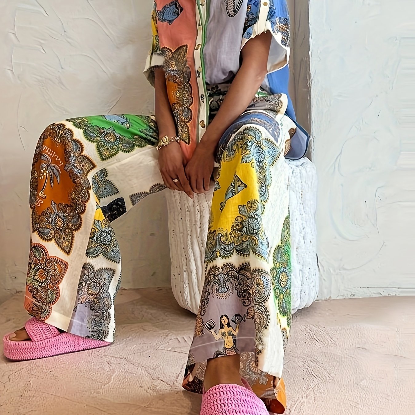 Retro Outfits Set Women's Plus Scarf Print Shirt & Pants Two Piece Set
