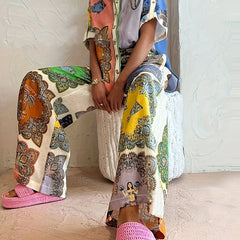 Retro Outfits Set Women's Plus Scarf Print Shirt & Pants Two Piece Set