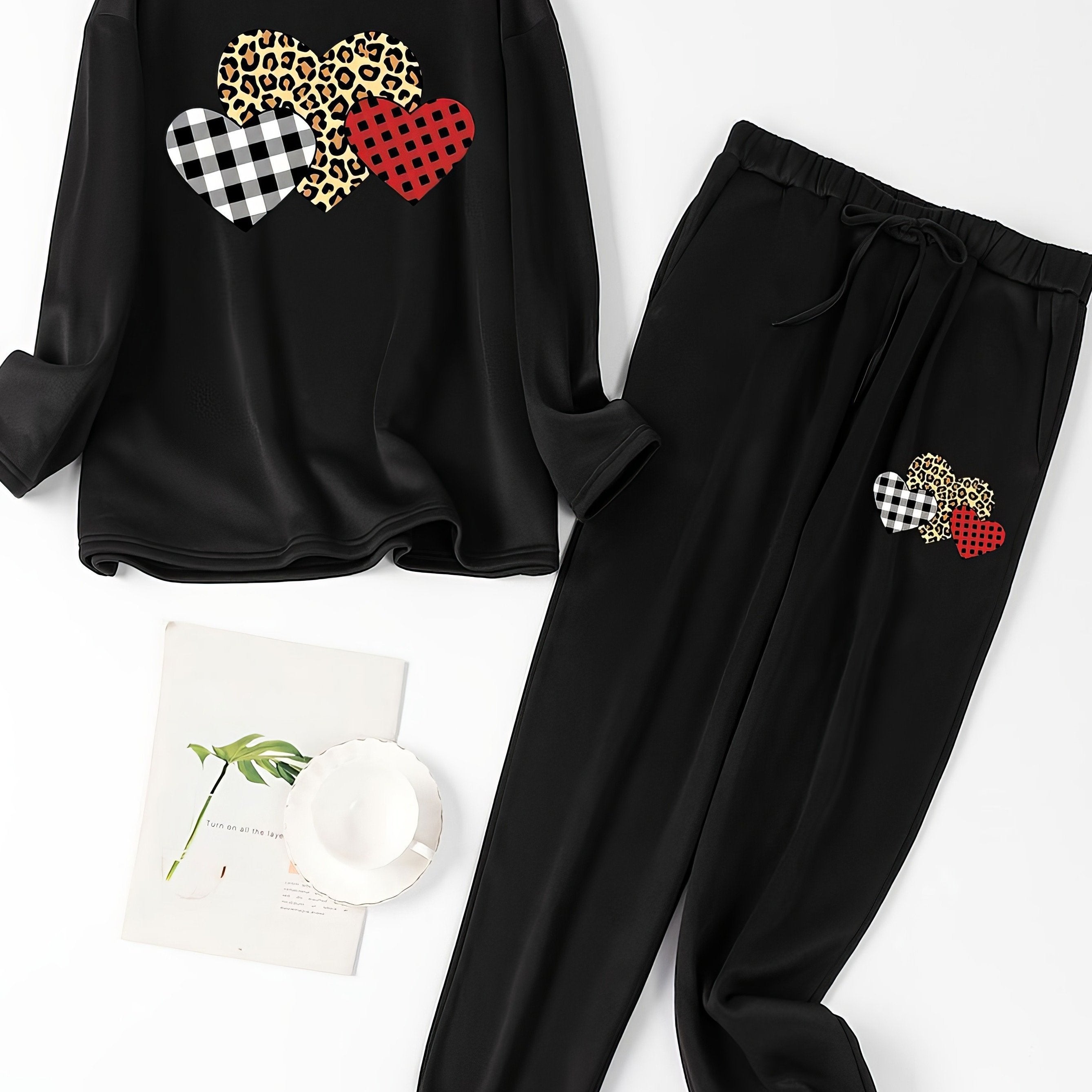 Leopard & Plaid Heart Print Fleece Tee & Joggers Pajamas Set