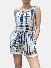 Tie Dye Drawstring Waist Romper Casual Sleeveless Jumpsuit