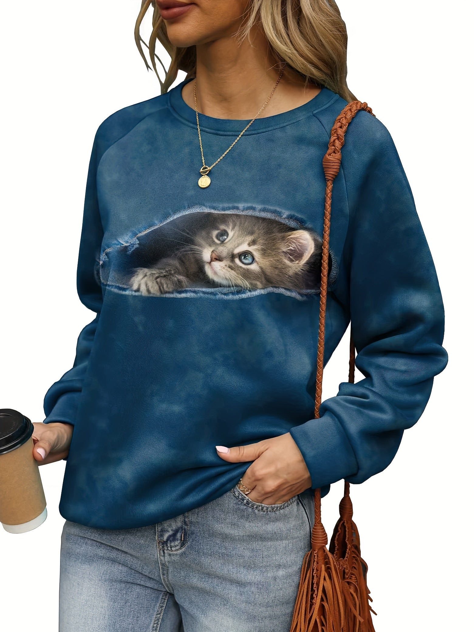 Cat Print Sweatshirt Casual Crew Neck Long Sleeve Sweatshirt